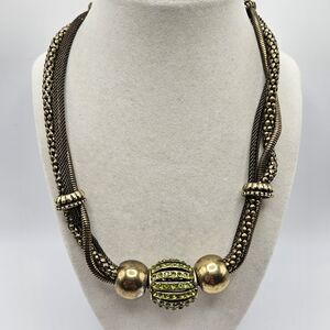 VINTAGE Green and Gold Tone Beaded Multi Texture Strand Statement Necklace